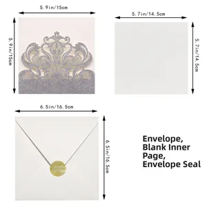 Detailed dimensions of silver glitter laser-cut wedding invitation set with envelopes