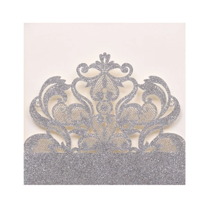 Intricate laser-cut silver glitter wedding invitation card with floral hollow-out pattern