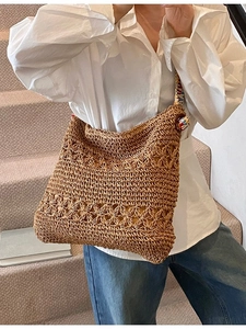 Tote Bag en Paille Tissée Style Ethnique Rétro Femmes Fleurs Ajourées Crochet Sac à Épaule Plage Sangle Géométrique