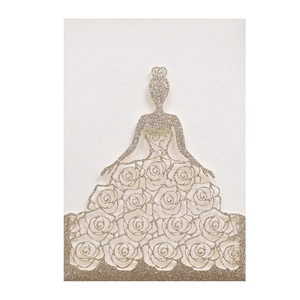Invitation mariage découpée au laser avec silhouette mariée pailletée argent et roses