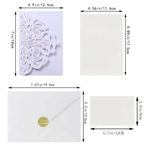 Laser cut wedding invitation set with white hollow lace cover and golden seal sticker