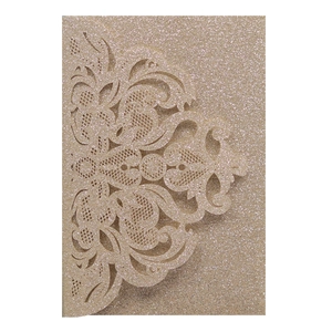 Exquisite laser-cut champagne gold wedding invitation cover with glitter floral pattern