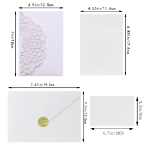 Detailed dimensions of laser-cut white wedding invitation set with lace pattern
