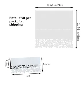 Detailed size guide for white laser cut leaf table cards with folding dimensions and flat pack info