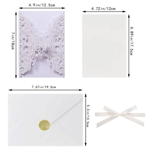 Detailed size specifications for laser-cut floral wedding invitation card set with ribbon