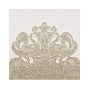 Champagne gold glitter laser cut lace wedding invitation card with intricate crown patterns