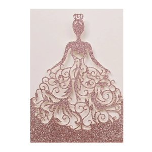 Élégante carte d'invitation de mariage pailletée or rose avec silhouette découpée au laser