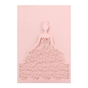 Detailed laser-cut pink wedding invitation card with intricate rose floral silhouette design