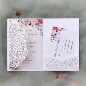 Detailed laser cut white lace wedding invitation set with floral card and RSVP note