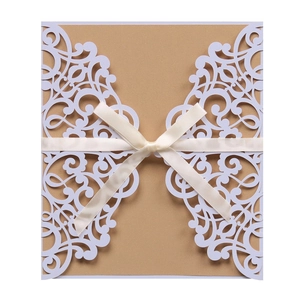 Elegant Laser Cut Wedding Invitations Envelopes With Ribbon Bow Hollow Lace Announcement Cards Pearlescent Paper Inner Sheet
