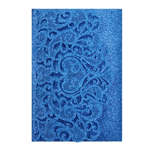 Detailed laser-cut blue glitter wedding invitation cover with intricate floral damask patterns