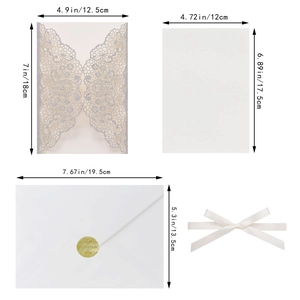 Detailed size parameters for laser cut wedding invitation with lace shell and envelope