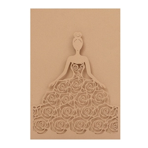 Detail of laser-cut rose floral dress design on kraft paper wedding invitation card
