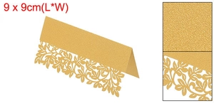 Detail of 9x9cm laser-cut gold place card with elegant leaf patterns and pearlescent finish