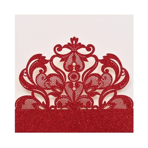 Elegant red glitter laser cut invitation card featuring intricate baroque hollow patterns