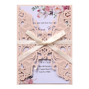 Elegant Laser Cut Wedding Invitations With Ribbon Bow Pearlescent Paper Hollow Floral Cards For Marriage Party Banquet