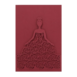 Detailed laser-cut rose floral dress pattern on elegant burgundy wedding invitation card