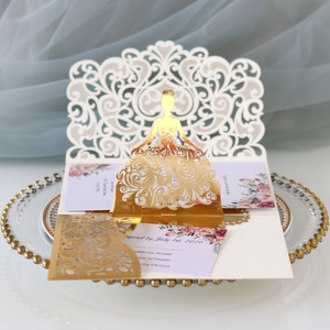 Elegant Artificial Pearl Paper Laser Cut 3D Wedding Invitations With Bride Silhouette Floral Hollow Design Party Celebration Cards