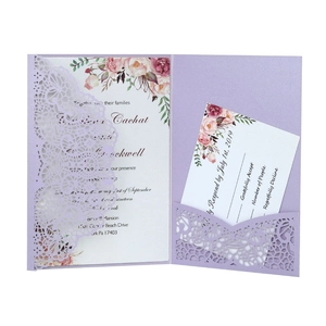 Elegant lavender laser-cut lace wedding invitation set with floral inner cards and RSVP card