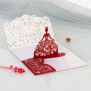 Detailed laser cut red glitter floral invitation card featuring an elegant bride silhouette