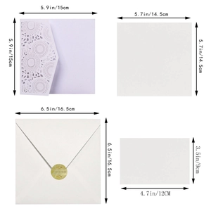 Detailed dimensions of laser cut wedding invitation set with envelopes and seals