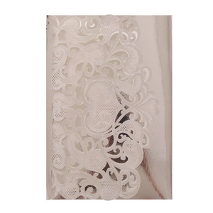 Detailed laser-cut hollow floral pattern on champagne gold metallic invitation cover