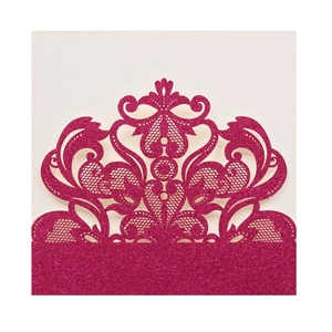 Elegant purple lace laser-cut wedding invitation with glitter finish and floral patterns