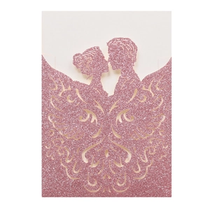 Detail of pink glitter laser-cut wedding invitation with couple silhouette design