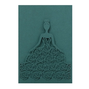Detail of dark green laser-cut wedding invitation with rose pattern and girl silhouette