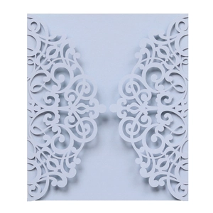 Detail of laser-cut butterfly invitation card in pale blue with baroque patterns