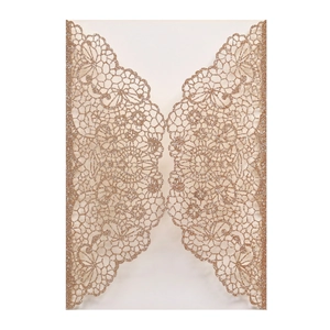 Detail showing rose gold glitter laser cut lace floral pattern for wedding invitations
