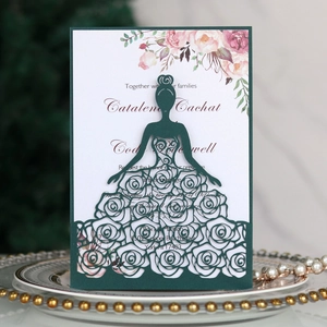 Detailed laser-cut laser-cut dark green wedding invitation with elegant lace rose patterns