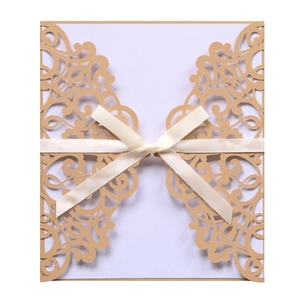 Laser cut butterfly wedding invitation with khaki floral lace and cream ribbon bow
