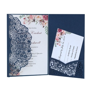 Detailed laser-cut navy blue wedding invitation set with floral inner card and RSVP card