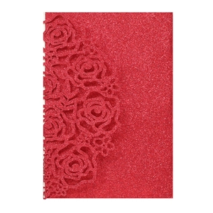 Detailed laser cut rose pattern on dark red glitter paper wedding invitation card