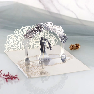 Detailed laser cut 3D pop-up wedding invitation card with romantic rose floral arch