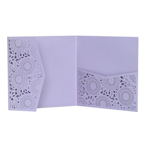 Detail of laser-cut lavender pocket invitation with sunflower patterns and pearl finish