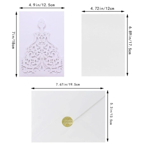 Laser cut wedding invitation set with dress-shaped cover, insert and envelope dimensions