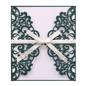 Elegant laser cut dark green butterfly wedding invitation with white ribbon and inner sheet