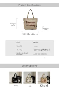 Canvas tote bag size guide showing 44x33x10cm dimensions and lettering detail