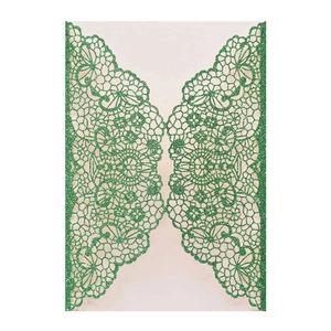 Detail of green laser cut glitter wedding invitation card with floral lace pattern