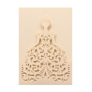Detailed laser-cut wedding invitation featuring elegant cream floral lace dress patterns