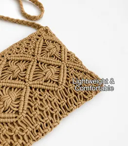 Close-up detail of woven cotton tassel texture and intricate knit pattern on a beach bag