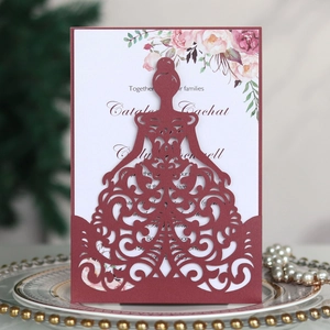 Elegant laser cut wedding invitation with hollow floral red pocket and white inner card