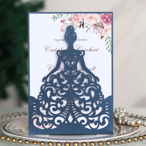 Elegant navy blue laser cut wedding invitation with lace floral design and card