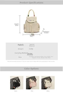 Detail specifications for mini backpack showing 0.22kg weight and compact 22x25x10.5cm size