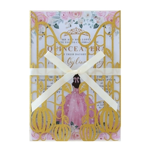 Detailed laser-cut glitter invitation set with pumpkin carriage and ribbon bow