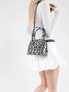 Chic black and white leopard print shell bag with double handles and shoulder strap