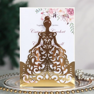Laser Cut Wedding Invitation Cards Pearlescent Paper Hollow Bride Dress Design Floral Inner Card And Envelope Elegant