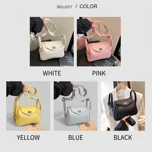 Litchi pattern leather mini bags in five colors with metal turn-lock and crossbody strap